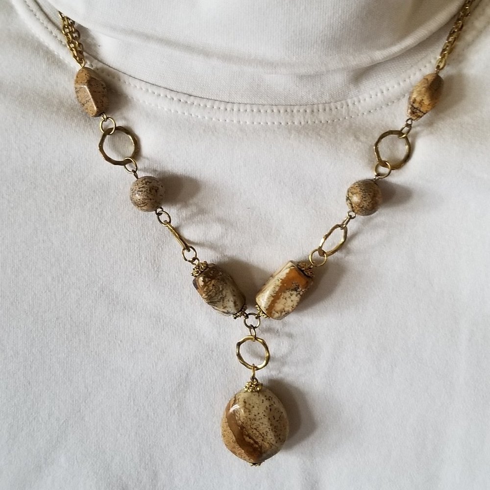 Picture jasper/landscape jasper gemstone necklace with gold accents, handmade